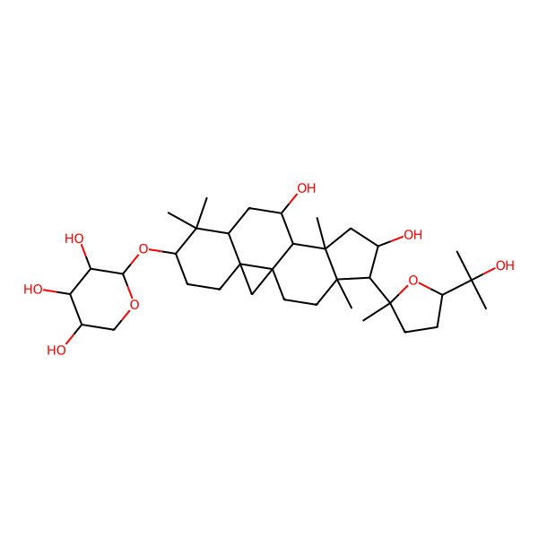 2D Structure of (2S,3R,4S,5R)-2-[[(1S,3R,6S,8R,10S,11S,12S,14S,15R,16R)-10,14-dihydroxy-15-[(2R,5S)-5-(2-hydroxypropan-2-yl)-2-methyloxolan-2-yl]-7,7,12,16-tetramethyl-6-pentacyclo[9.7.0.01,3.03,8.012,16]octadecanyl]oxy]oxane-3,4,5-triol
