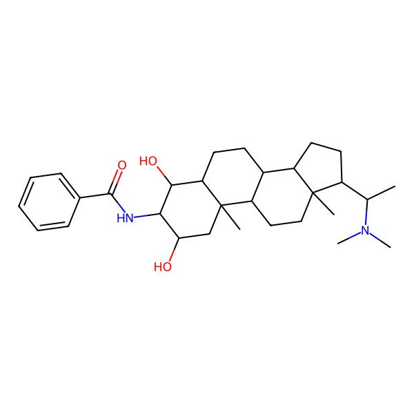 2D Structure of N-[(2R,3R,4S,5R,8S,9S,10R,13S,14S,17S)-17-[(1S)-1-(dimethylamino)ethyl]-2,4-dihydroxy-10,13-dimethyl-2,3,4,5,6,7,8,9,11,12,14,15,16,17-tetradecahydro-1H-cyclopenta[a]phenanthren-3-yl]benzamide