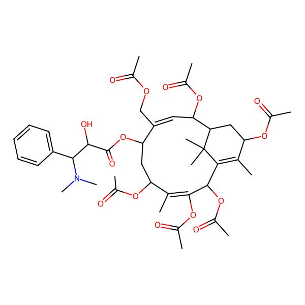 2D Structure of (2R,3E,8E,11R)-4,14,15,15-Tetramethyl-8-(acetoxymethyl)bicyclo[9.3.1]pentadeca-1(14),3,8-triene-2beta,3,5beta,7alpha,10alpha,13alpha-hexol 2,3,5,10,13-pentaacetate 7-[(2R,3S)-2-hydroxy-3-(dimethylamino)-3-phenylpropionate]