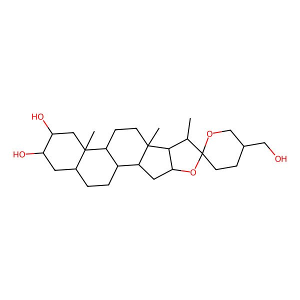 2D Structure of (15S,18R)-5'-(hydroxymethyl)-7,9,13-trimethylspiro[5-oxapentacyclo[10.8.0.02,9.04,8.013,18]icosane-6,2'-oxane]-15,16-diol