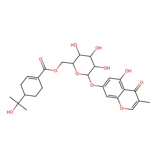 2D Structure of [(2R,3S,4S,5R,6S)-3,4,5-trihydroxy-6-(5-hydroxy-3-methyl-4-oxochromen-7-yl)oxyoxan-2-yl]methyl 4-(2-hydroxypropan-2-yl)cyclohexene-1-carboxylate