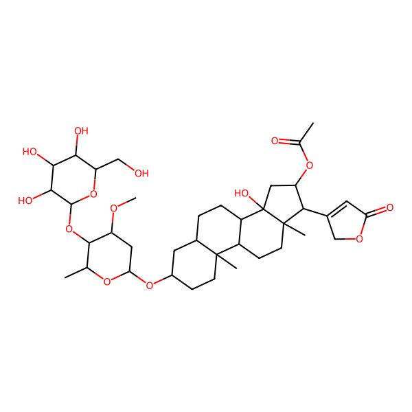 2D Structure of 3beta-[(2,6-Dideoxy-3-O-methyl-4-O-beta-D-glucopyranosyl-beta-D-galactopyranosyl)oxy]-16beta-acetoxy-14-hydroxy-5beta,14beta-card-20(22)-enolide