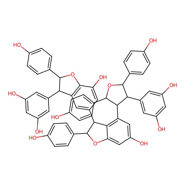 2D Structure of 5-[(2S,3R,4S,5R)-4-[(2S,3S)-3-[(2R,3R)-3-(3,5-dihydroxyphenyl)-7-hydroxy-2-(4-hydroxyphenyl)-2,3-dihydro-1-benzofuran-5-yl]-6-hydroxy-2-(4-hydroxyphenyl)-2,3-dihydro-1-benzofuran-4-yl]-2,5-bis(4-hydroxyphenyl)oxolan-3-yl]benzene-1,3-diol