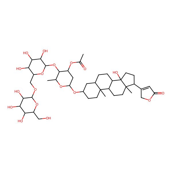 2D Structure of [(2R,3R,4R,6R)-6-[[(3S,5R,8R,9S,10S,13R,14S,17R)-14-hydroxy-10,13-dimethyl-17-(5-oxo-2H-furan-3-yl)-1,2,3,4,5,6,7,8,9,11,12,15,16,17-tetradecahydrocyclopenta[a]phenanthren-3-yl]oxy]-2-methyl-3-[(2S,3R,4S,5S,6R)-3,4,5-trihydroxy-6-[[(2R,3R,4S,5S,6R)-3,4,5-trihydroxy-6-(hydroxymethyl)oxan-2-yl]oxymethyl]oxan-2-yl]oxyoxan-4-yl] acetate