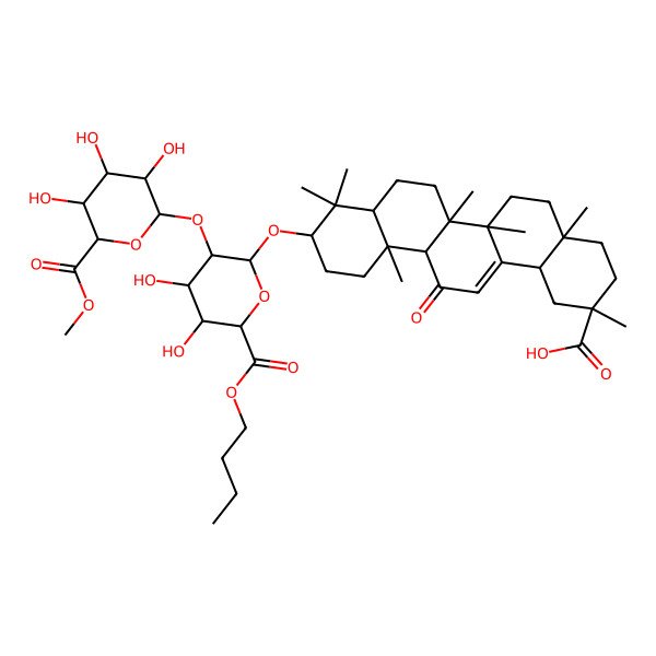2D Structure of (2S,4aS,6bR,12aS)-10-[(2R,3R,4S,5S,6S)-6-butoxycarbonyl-4,5-dihydroxy-3-[(2R,3R,4S,5S,6S)-3,4,5-trihydroxy-6-methoxycarbonyloxan-2-yl]oxyoxan-2-yl]oxy-2,4a,6a,6b,9,9,12a-heptamethyl-13-oxo-3,4,5,6,6a,7,8,8a,10,11,12,14b-dodecahydro-1H-picene-2-carboxylic acid