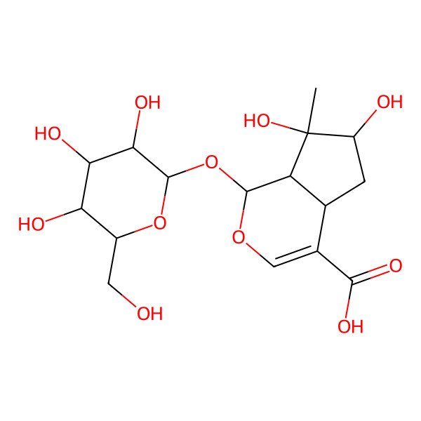 2D Structure of (1S,4aS,6S,7R,7aS)-6,7-dihydroxy-7-methyl-1-[(2S,3R,4S,5S,6R)-3,4,5-trihydroxy-6-(hydroxymethyl)oxan-2-yl]oxy-4a,5,6,7a-tetrahydro-1H-cyclopenta[c]pyran-4-carboxylic acid