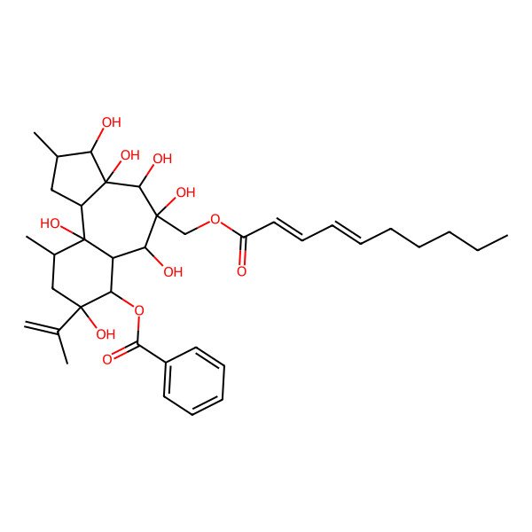 2D Structure of [(2S,3S,3aR,4S,5R,6S,6aS,7R,8R,10R,10aR,10bS)-5-[[(2E,4E)-deca-2,4-dienoyl]oxymethyl]-3,3a,4,5,6,8,10a-heptahydroxy-2,10-dimethyl-8-prop-1-en-2-yl-1,2,3,4,6,6a,7,9,10,10b-decahydrobenzo[e]azulen-7-yl] benzoate