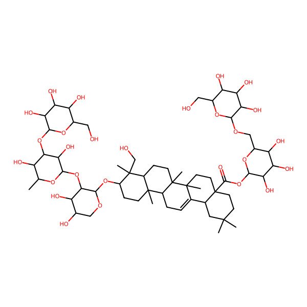 2D Structure of [(3R,4S,5S,6R)-3,4,5-trihydroxy-6-[[(2S,3R,4S,5S,6R)-3,4,5-trihydroxy-6-(hydroxymethyl)oxan-2-yl]oxymethyl]oxan-2-yl] (4aS,6aR,6aS,6bR,8aR,9R,10S,12aR,14bS)-10-[(2S,3R,4S,5S)-3-[(2S,3R,4R,5S,6S)-3,5-dihydroxy-6-methyl-4-[(2S,3R,4S,5S,6R)-3,4,5-trihydroxy-6-(hydroxymethyl)oxan-2-yl]oxyoxan-2-yl]oxy-4,5-dihydroxyoxan-2-yl]oxy-9-(hydroxymethyl)-2,2,6a,6b,9,12a-hexamethyl-1,3,4,5,6,6a,7,8,8a,10,11,12,13,14b-tetradecahydropicene-4a-carboxylate