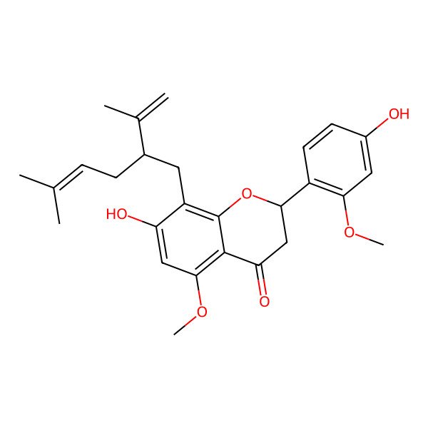 2D Structure of (2S)-7-hydroxy-2-(4-hydroxy-2-methoxyphenyl)-5-methoxy-8-[(2S)-5-methyl-2-prop-1-en-2-ylhex-4-enyl]-2,3-dihydrochromen-4-one