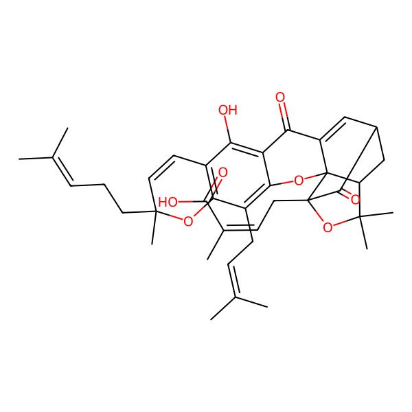 2D Structure of (E)-4-[(1S,2S,8R,17S,19R)-12-hydroxy-8,21,21-trimethyl-5-(3-methylbut-2-enyl)-8-(4-methylpent-3-enyl)-14,18-dioxo-3,7,20-trioxahexacyclo[15.4.1.02,15.02,19.04,13.06,11]docosa-4(13),5,9,11,15-pentaen-19-yl]-2-methylbut-2-enoic acid