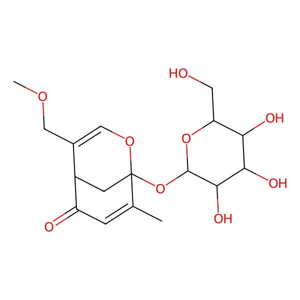 2D Structure of (1S,5R)-4-(methoxymethyl)-8-methyl-1-[(2S,3R,4S,5S,6R)-3,4,5-trihydroxy-6-(hydroxymethyl)oxan-2-yl]oxy-2-oxabicyclo[3.3.1]nona-3,7-dien-6-one