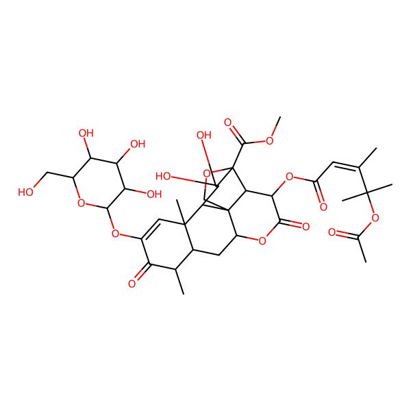 2D Structure of methyl (1R,2S,3R,6R,8S,9S,13S,14R,15R,16S,17S)-3-[(E)-4-acetyloxy-3,4-dimethylpent-2-enoyl]oxy-15,16-dihydroxy-9,13-dimethyl-4,10-dioxo-11-[(2S,3R,4S,5S,6R)-3,4,5-trihydroxy-6-(hydroxymethyl)oxan-2-yl]oxy-5,18-dioxapentacyclo[12.5.0.01,6.02,17.08,13]nonadec-11-ene-17-carboxylate