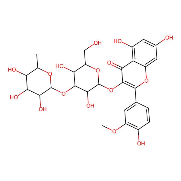 2D Structure of 3-[(2S,3R,4S,5R,6R)-3,5-dihydroxy-6-(hydroxymethyl)-4-[(2S,3R,4R,5R,6S)-3,4,5-trihydroxy-6-methyloxan-2-yl]oxyoxan-2-yl]oxy-5,7-dihydroxy-2-(4-hydroxy-3-methoxyphenyl)chromen-4-one