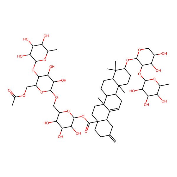 2D Structure of [(2S,3R,4S,5S,6R)-6-[[(2R,3R,4R,5S,6R)-6-(acetyloxymethyl)-3,4-dihydroxy-5-[(2S,3R,4R,5R,6S)-3,4,5-trihydroxy-6-methyloxan-2-yl]oxyoxan-2-yl]oxymethyl]-3,4,5-trihydroxyoxan-2-yl] (4aS,6aS,6aS,6bR,8aR,10S,12aR,14bS)-10-[(2S,3R,4S,5S)-4,5-dihydroxy-3-[(2S,3R,4R,5R,6S)-3,4,5-trihydroxy-6-methyloxan-2-yl]oxyoxan-2-yl]oxy-6a,9,9,12a-tetramethyl-2-methylidene-3,4,5,6,6a,6b,7,8,8a,10,11,12,13,14b-tetradecahydro-1H-picene-4a-carboxylate