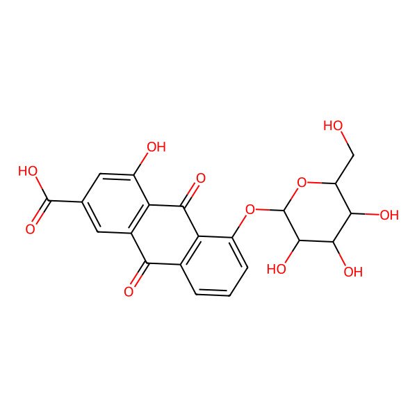 2D Structure of 4-hydroxy-9,10-dioxo-5-[(3R,4S,5S,6R)-3,4,5-trihydroxy-6-(hydroxymethyl)oxan-2-yl]oxyanthracene-2-carboxylic acid