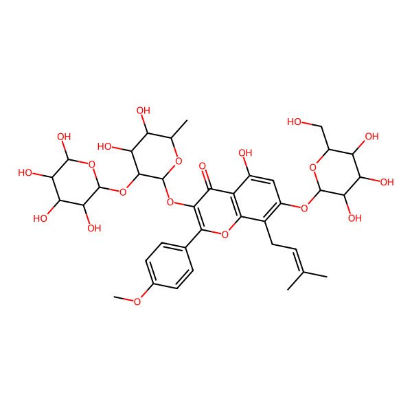 2D Structure of 3-[(2S,3R,4R,5R,6S)-4,5-dihydroxy-6-methyl-3-[(2R,3R,4R,5R,6R)-3,4,5,6-tetrahydroxyoxan-2-yl]oxyoxan-2-yl]oxy-5-hydroxy-2-(4-methoxyphenyl)-8-(3-methylbut-2-enyl)-7-[(2S,3R,4S,5S,6R)-3,4,5-trihydroxy-6-(hydroxymethyl)oxan-2-yl]oxychromen-4-one