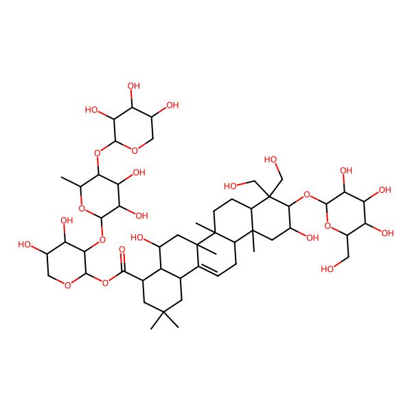 2D Structure of [(2S,3R,4S,5S)-3-[(2S,3R,4S,5R,6S)-3,4-dihydroxy-6-methyl-5-[(3R,4S,5R)-3,4,5-trihydroxyoxan-2-yl]oxyoxan-2-yl]oxy-4,5-dihydroxyoxan-2-yl] (5R,6aR,6aS,6bR,8aR,10R,11S,12aR,14bR)-5,11-dihydroxy-9,9-bis(hydroxymethyl)-2,2,6a,6b,12a-pentamethyl-10-[(2R,3R,4S,5S,6R)-3,4,5-trihydroxy-6-(hydroxymethyl)oxan-2-yl]oxy-3,4,4a,5,6,6a,7,8,8a,10,11,12,13,14b-tetradecahydro-1H-picene-4-carboxylate