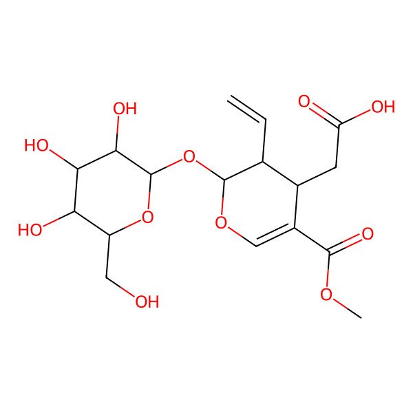 2D Structure of 2-[(2S)-3-ethenyl-5-methoxycarbonyl-2-[(2S,3R,4S,5S,6R)-3,4,5-trihydroxy-6-(hydroxymethyl)oxan-2-yl]oxy-3,4-dihydro-2H-pyran-4-yl]acetic acid
