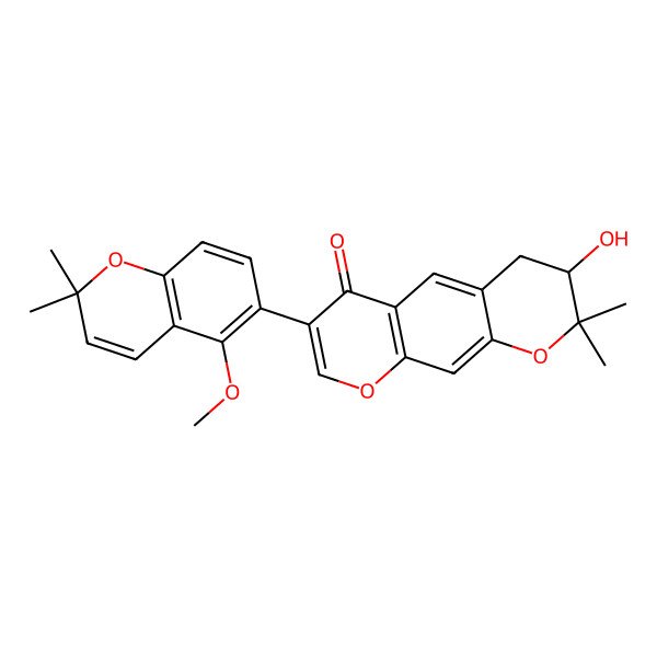 2D Structure of (3S)-3-hydroxy-7-(5-methoxy-2,2-dimethylchromen-6-yl)-2,2-dimethyl-3,4-dihydropyrano[3,2-g]chromen-6-one