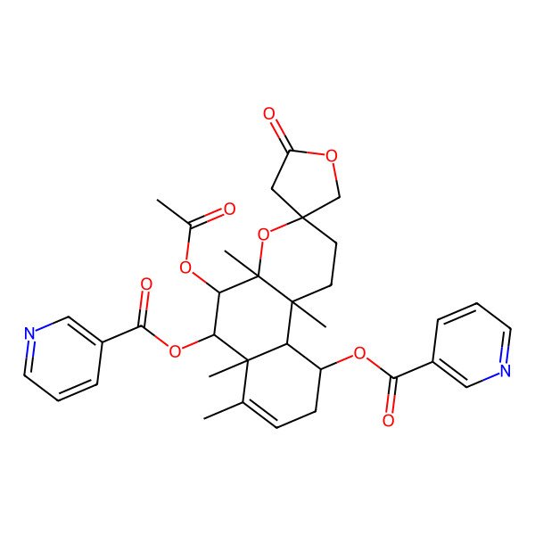 2D Structure of (3S,4aR,10abeta)-4aalpha,6aalpha,7,10balpha-Tetramethyl-5beta-acetoxy-6alpha,10beta-bis(3-pyridinylcarbonyloxy)-5'-oxo-1,2,4a,5,6,6a,9,10,10abeta,10b-decahydrospiro[3H-naphtho[2,1-b]pyran-3,3'-oxolane]