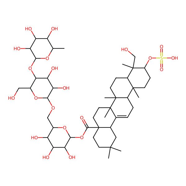2D Structure of [(2S,3R,4S,5S,6R)-6-[[(2R,3R,4R,5S,6R)-3,4-dihydroxy-6-(hydroxymethyl)-5-[(2S,3R,4R,5R,6S)-3,4,5-trihydroxy-6-methyloxan-2-yl]oxyoxan-2-yl]oxymethyl]-3,4,5-trihydroxyoxan-2-yl] (4aS,6aR,6aS,6bR,8aR,9R,10S,12aR,14bS)-9-(hydroxymethyl)-2,2,6a,6b,9,12a-hexamethyl-10-sulfooxy-1,3,4,5,6,6a,7,8,8a,10,11,12,13,14b-tetradecahydropicene-4a-carboxylate