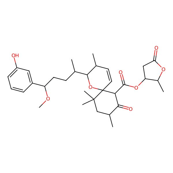 2D Structure of [(2R,3R)-2-methyl-5-oxooxolan-3-yl] (2R,3S,6S,7S,9R)-2-[(2S,5S)-5-(3-hydroxyphenyl)-5-methoxypentan-2-yl]-3,9,11,11-tetramethyl-8-oxo-1-oxaspiro[5.5]undec-4-ene-7-carboxylate