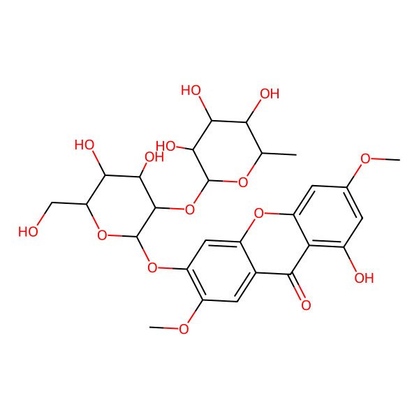 2D Structure of 6-[(2S,3R,4S,5S,6R)-4,5-dihydroxy-6-(hydroxymethyl)-3-[(2S,3R,4R,5R,6S)-3,4,5-trihydroxy-6-methyloxan-2-yl]oxyoxan-2-yl]oxy-1-hydroxy-3,7-dimethoxyxanthen-9-one