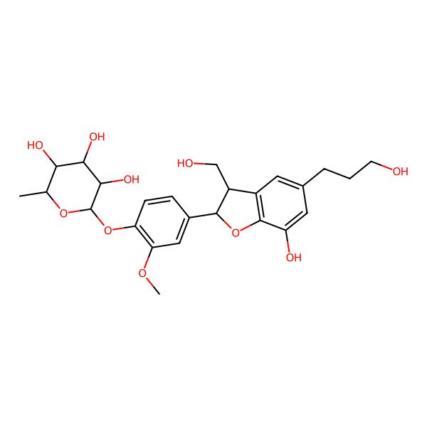 2D Structure of 2,3-Dihydro-2beta-[4-(alpha-L-rhamnopyranosyloxy)-3-methoxyphenyl]-3beta-(hydroxymethyl)-5-(3-hydroxypropyl)benzofuran-7-ol