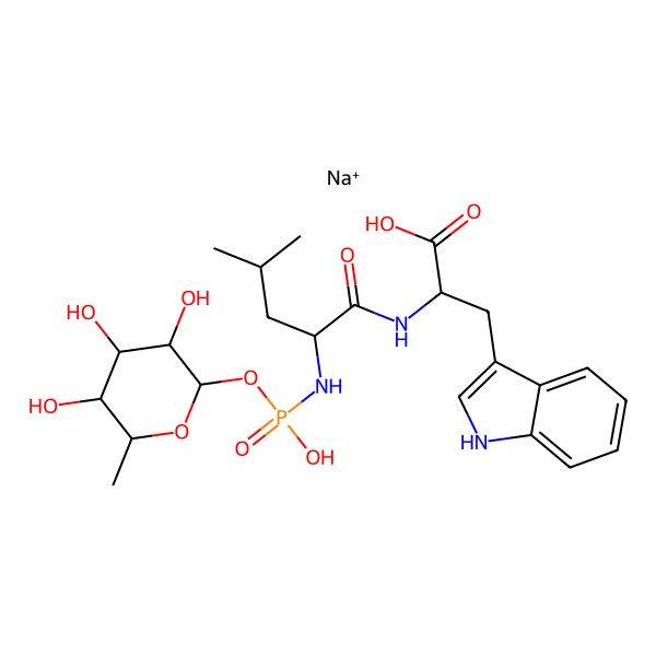 2D Structure of sodium;2-[[2-[[hydroxy-(3,4,5-trihydroxy-6-methyloxan-2-yl)oxyphosphoryl]amino]-4-methylpentanoyl]amino]-3-(1H-indol-3-yl)propanoic acid