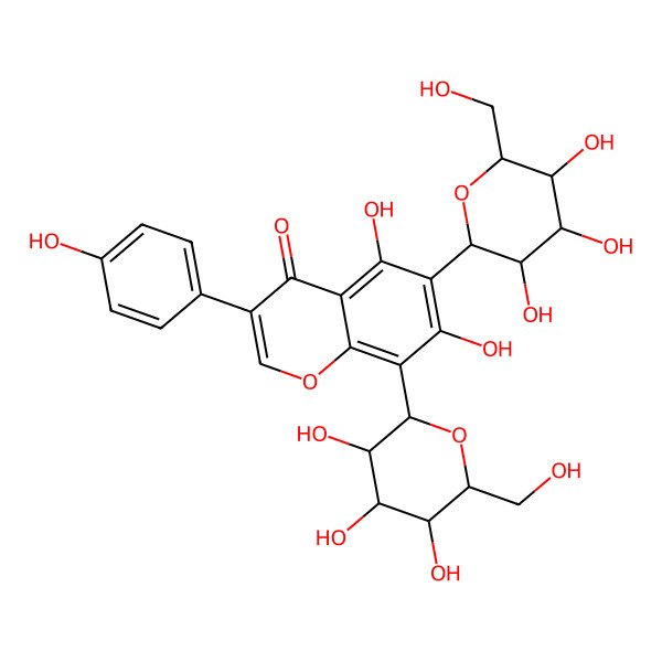 2D Structure of 5,7-dihydroxy-3-(4-hydroxyphenyl)-8-[(2S,3R,5S)-3,4,5-trihydroxy-6-(hydroxymethyl)oxan-2-yl]-6-[(2S,4R,5S)-3,4,5-trihydroxy-6-(hydroxymethyl)oxan-2-yl]chromen-4-one