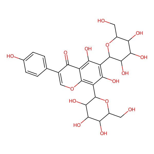 2D Structure of 5,7-dihydroxy-3-(4-hydroxyphenyl)-8-[(2S,3R,5S)-3,4,5-trihydroxy-6-(hydroxymethyl)oxan-2-yl]-6-[(2S,4R,5S)-3,4,5-trihydroxy-6-(hydroxymethyl)oxan-2-yl]chromen-4-one