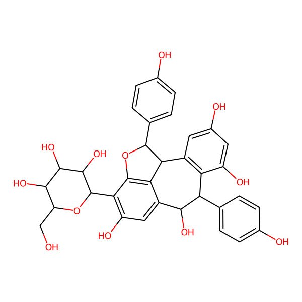 2D Structure of (1R,8R,9S,16R)-8,16-bis(4-hydroxyphenyl)-13-[(2S,3R,4R,5S,6R)-3,4,5-trihydroxy-6-(hydroxymethyl)oxan-2-yl]-15-oxatetracyclo[8.6.1.02,7.014,17]heptadeca-2(7),3,5,10,12,14(17)-hexaene-4,6,9,12-tetrol