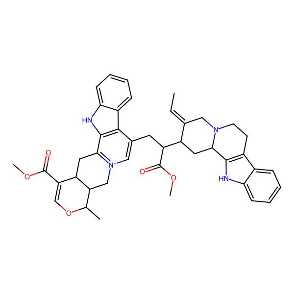 2D Structure of Methyl 11-[2-[(3Z)-3-ethylidene-2,4,6,7,12,12b-hexahydro-1H-indolo[2,3-a]quinolizin-2-yl]-3-methoxy-3-oxopropyl]-16-methyl-17-oxa-3-aza-13-azoniapentacyclo[11.8.0.02,10.04,9.015,20]henicosa-1(13),2(10),4,6,8,11,18-heptaene-19-carboxylate