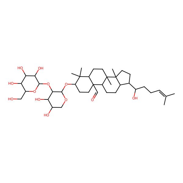 2D Structure of 3-[(2S,3R,4S,5R)-4,5-dihydroxy-3-[(2S,3R,4S,5S,6R)-3,4,5-trihydroxy-6-(hydroxymethyl)oxan-2-yl]oxyoxan-2-yl]oxy-17-(1-hydroxy-5-methylhex-4-enyl)-4,4,8,14-tetramethyl-2,3,5,6,7,9,11,12,13,15,16,17-dodecahydro-1H-cyclopenta[a]phenanthrene-10-carbaldehyde