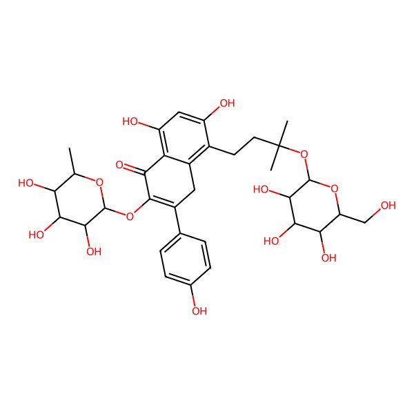 2D Structure of 6,8-dihydroxy-3-(4-hydroxyphenyl)-5-[3-methyl-3-[(2S,3R,4S,5S,6R)-3,4,5-trihydroxy-6-(hydroxymethyl)oxan-2-yl]oxybutyl]-2-[(2S,3R,4R,5R,6S)-3,4,5-trihydroxy-6-methyloxan-2-yl]oxy-4H-naphthalen-1-one