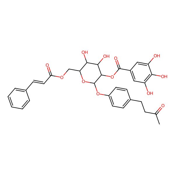 2D Structure of (2S,3R,4S,5S,6R)-6-((Cinnamoyloxy)methyl)-4,5-dihydroxy-2-(4-(3-oxobutyl)phenoxy)tetrahydro-2H-pyran-3-yl 3,4,5-trihydroxybenzoate 2D Structure of (2S,3R,4S,5S,6R)-6-((Cinnamoyloxy)methyl)-4,5-dihydroxy-2-(4-(3-oxobutyl)phenoxy)tetrahydro-2H-pyran-3-yl 3,4,5-trihydroxybenzoate