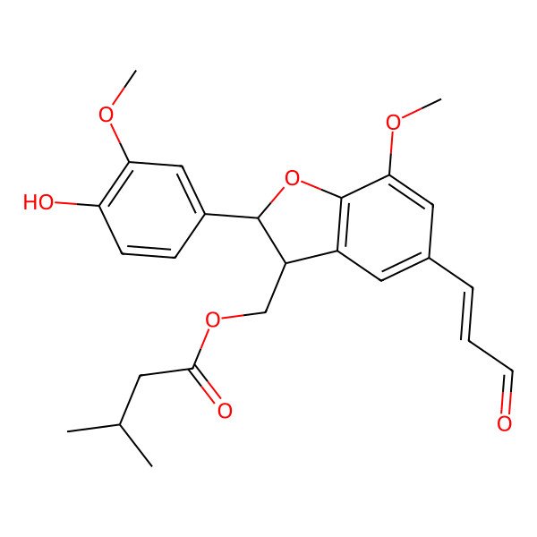 2D Structure of [(2R,3S)-2-(4-hydroxy-3-methoxyphenyl)-7-methoxy-5-[(E)-3-oxoprop-1-enyl]-2,3-dihydro-1-benzofuran-3-yl]methyl 3-methylbutanoate