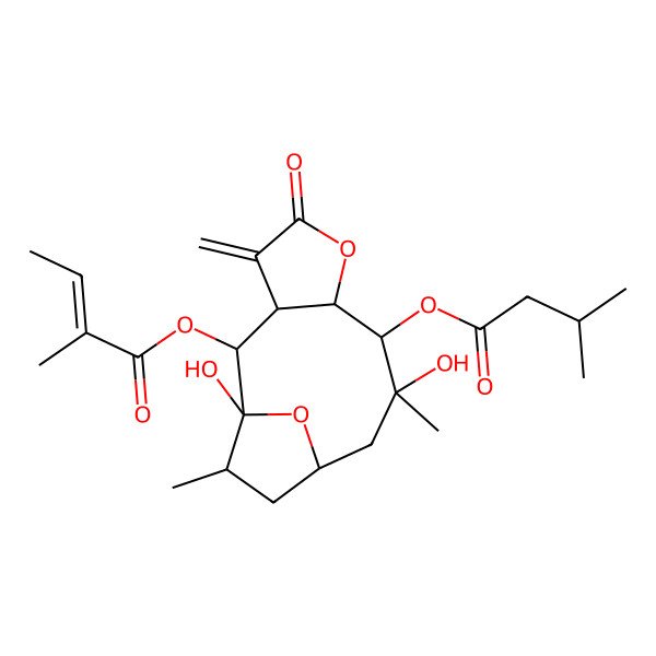 2D Structure of [(1S,2S,3R,7R,8S,9R,11R,13S)-1,9-dihydroxy-9,13-dimethyl-8-(3-methylbutanoyloxy)-4-methylidene-5-oxo-6,14-dioxatricyclo[9.2.1.03,7]tetradecan-2-yl] 2-methylbut-2-enoate