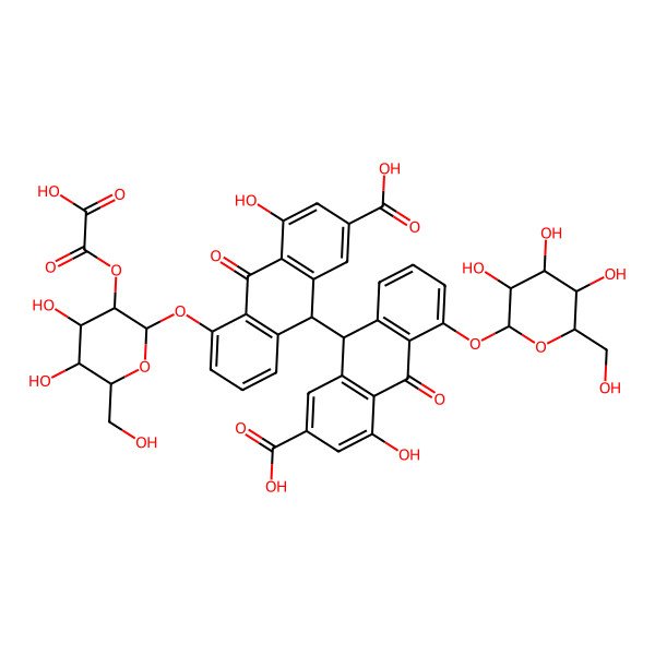 2D Structure of 9-[2-carboxy-5-[(2S,3R,4S,5R,6R)-4,5-dihydroxy-6-(hydroxymethyl)-3-oxalooxyoxan-2-yl]oxy-4-hydroxy-10-oxo-9H-anthracen-9-yl]-4-hydroxy-10-oxo-5-[(2S,3R,4S,5R,6R)-3,4,5-trihydroxy-6-(hydroxymethyl)oxan-2-yl]oxy-9H-anthracene-2-carboxylic acid