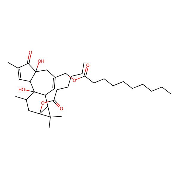 2D Structure of [(1R,2S,6R,10S,11R,13S,15R)-13-hexanoyloxy-1,6-dihydroxy-4,12,12,15-tetramethyl-5-oxo-8-tetracyclo[8.5.0.02,6.011,13]pentadeca-3,8-dienyl]methyl decanoate