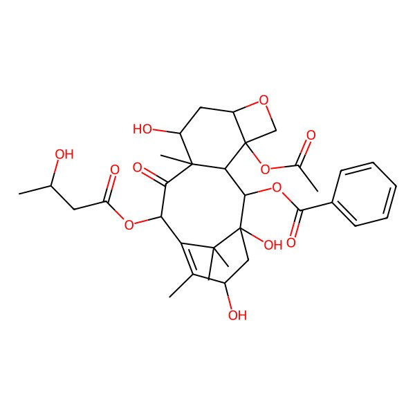 2D Structure of [(1S,2S,3R,4S,7R,9S,10S,12R,15S)-4-acetyloxy-1,9,15-trihydroxy-12-(3-hydroxybutanoyloxy)-10,14,17,17-tetramethyl-11-oxo-6-oxatetracyclo[11.3.1.03,10.04,7]heptadec-13-en-2-yl] benzoate
