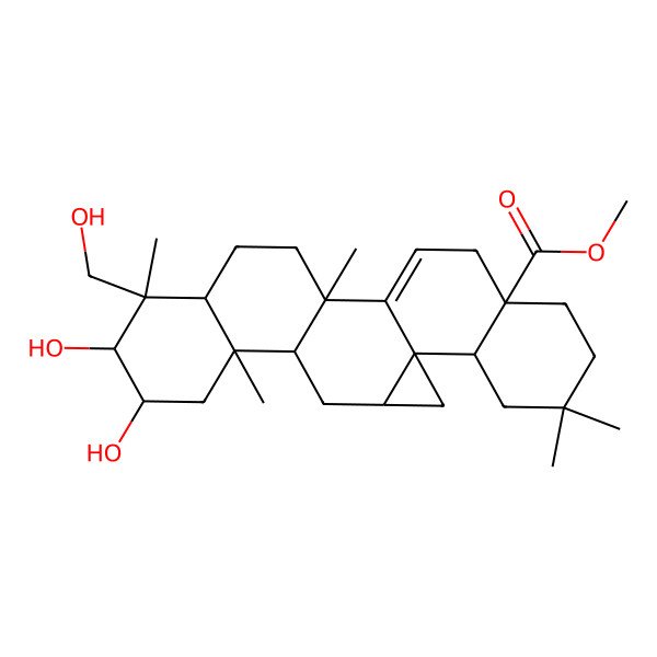 2D Structure of methyl (1S,3R,5R,6R,8R,9S,10S,11R,14R,18S,23S)-8,9-dihydroxy-10-(hydroxymethyl)-6,10,14,21,21-pentamethylhexacyclo[13.8.0.01,3.05,14.06,11.018,23]tricos-15-ene-18-carboxylate