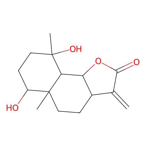 2D Structure of (5aR,6R,9R)-6,9-dihydroxy-5a,9-dimethyl-3-methylidene-3a,4,5,6,7,8,9a,9b-octahydrobenzo[g][1]benzofuran-2-one