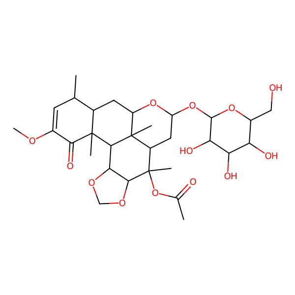 2D Structure of [(6R,7S,8R,12R,19S,20R)-17-methoxy-7,15,19,20-tetramethyl-18-oxo-10-[(2S,4S,6R)-3,4,5-trihydroxy-6-(hydroxymethyl)oxan-2-yl]oxy-3,5,11-trioxapentacyclo[10.7.1.02,6.08,20.014,19]icos-16-en-7-yl] acetate
