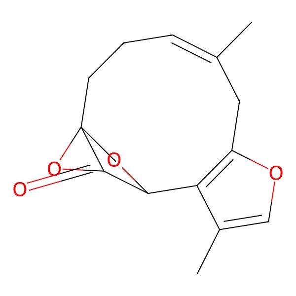 2D Structure of 2H-10,1a-(Epoxymethano)oxireno(4,5)cyclodeca(1,2-b)furan-12-one, 3,6,10,10a-tetrahydro-5,9-methyl-, (1aS-(1aR*,4E,10R*,10aR*))-