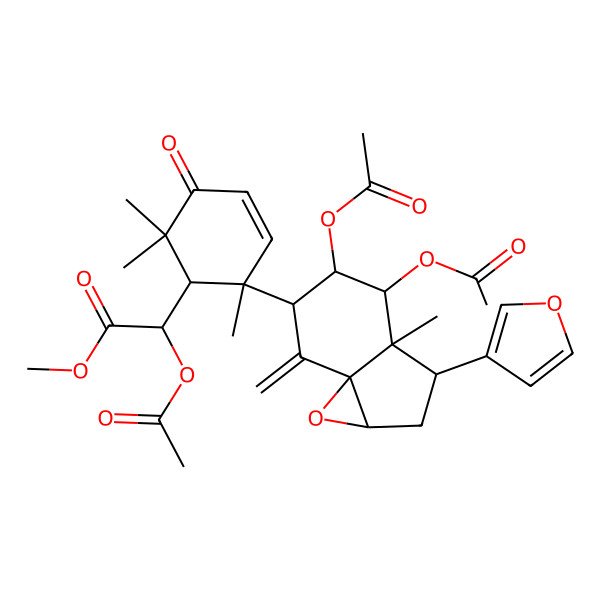 2D Structure of methyl 2-[(2R)-2-[(1aR,7aS)-4,5-diacetyloxy-3-(furan-3-yl)-3a-methyl-7-methylidene-1a,2,3,4,5,6-hexahydroindeno[1,7a-b]oxiren-6-yl]-2,6,6-trimethyl-5-oxocyclohex-3-en-1-yl]-2-acetyloxyacetate