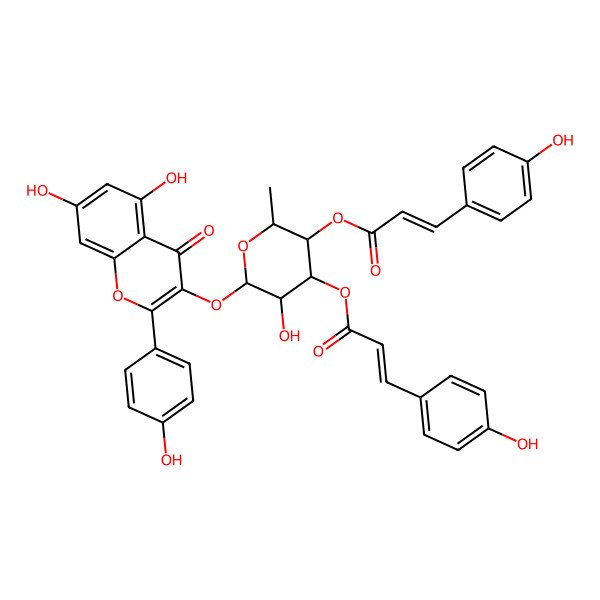 2D Structure of 3-[3-O-(4-Hydroxy-cis-cinnamoyl)-4-O-(4-hydroxy-trans-cinnamoyl)-alpha-L-rhamnopyranosyloxy]-5,7,4'-trihydroxyflavone