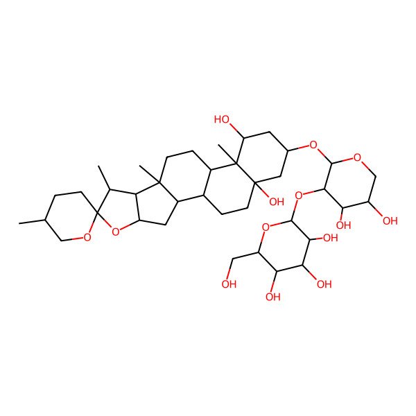 2D Structure of (2S,3R,4S,5S,6R)-2-[(2S,3R,4S,5S)-2-[(13S,14R,16S,18S)-14,18-dihydroxy-5',7,9,13-tetramethylspiro[5-oxapentacyclo[10.8.0.02,9.04,8.013,18]icosane-6,2'-oxane]-16-yl]oxy-4,5-dihydroxyoxan-3-yl]oxy-6-(hydroxymethyl)oxane-3,4,5-triol