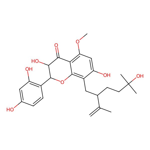 2D Structure of (2R,3R)-2-(2,4-dihydroxyphenyl)-3,7-dihydroxy-8-[(2R)-5-hydroxy-5-methyl-2-prop-1-en-2-ylhexyl]-5-methoxy-2,3-dihydrochromen-4-one