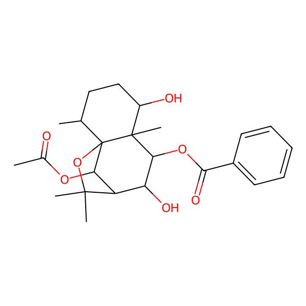 2D Structure of [(1S,2R,5S,6S,7S,8R,9R,12R)-12-acetyloxy-5,8-dihydroxy-2,6,10,10-tetramethyl-11-oxatricyclo[7.2.1.01,6]dodecan-7-yl] benzoate